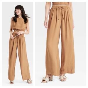 A New Day Modern Gauze Wide Leg Pants Large Tan Pull On Casual Boho Minimalist